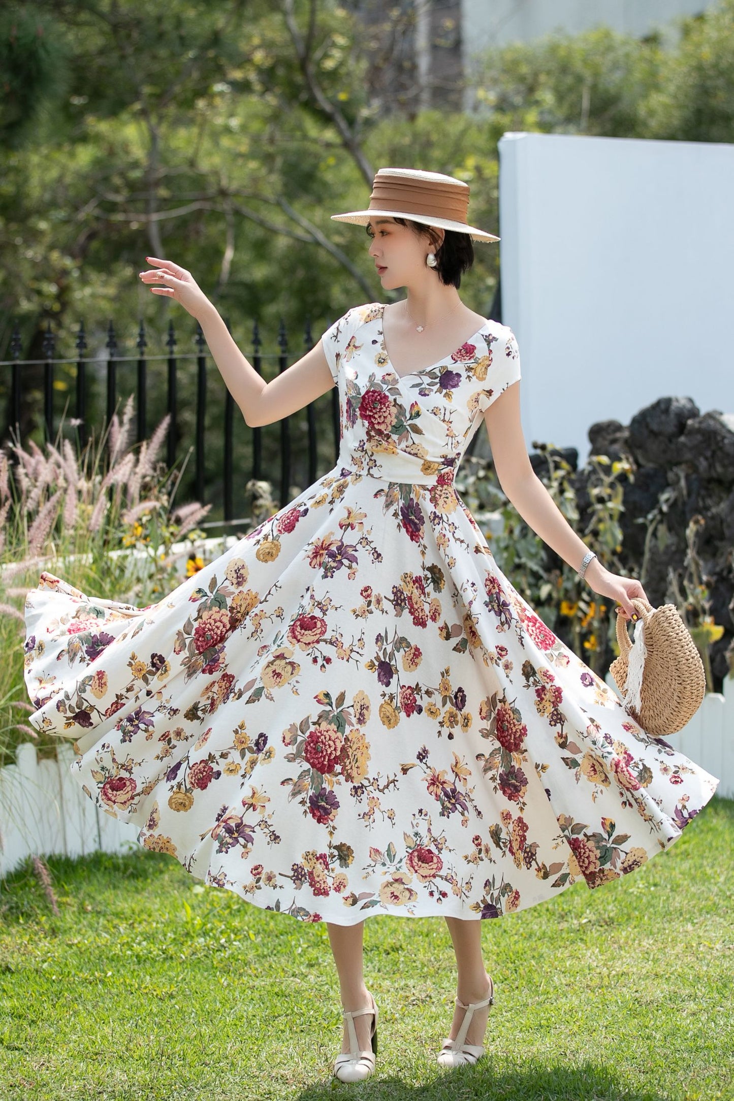 Floral Linen Cotton A-Line Midi Dress for Women 6738 - Size XS #CK2600264