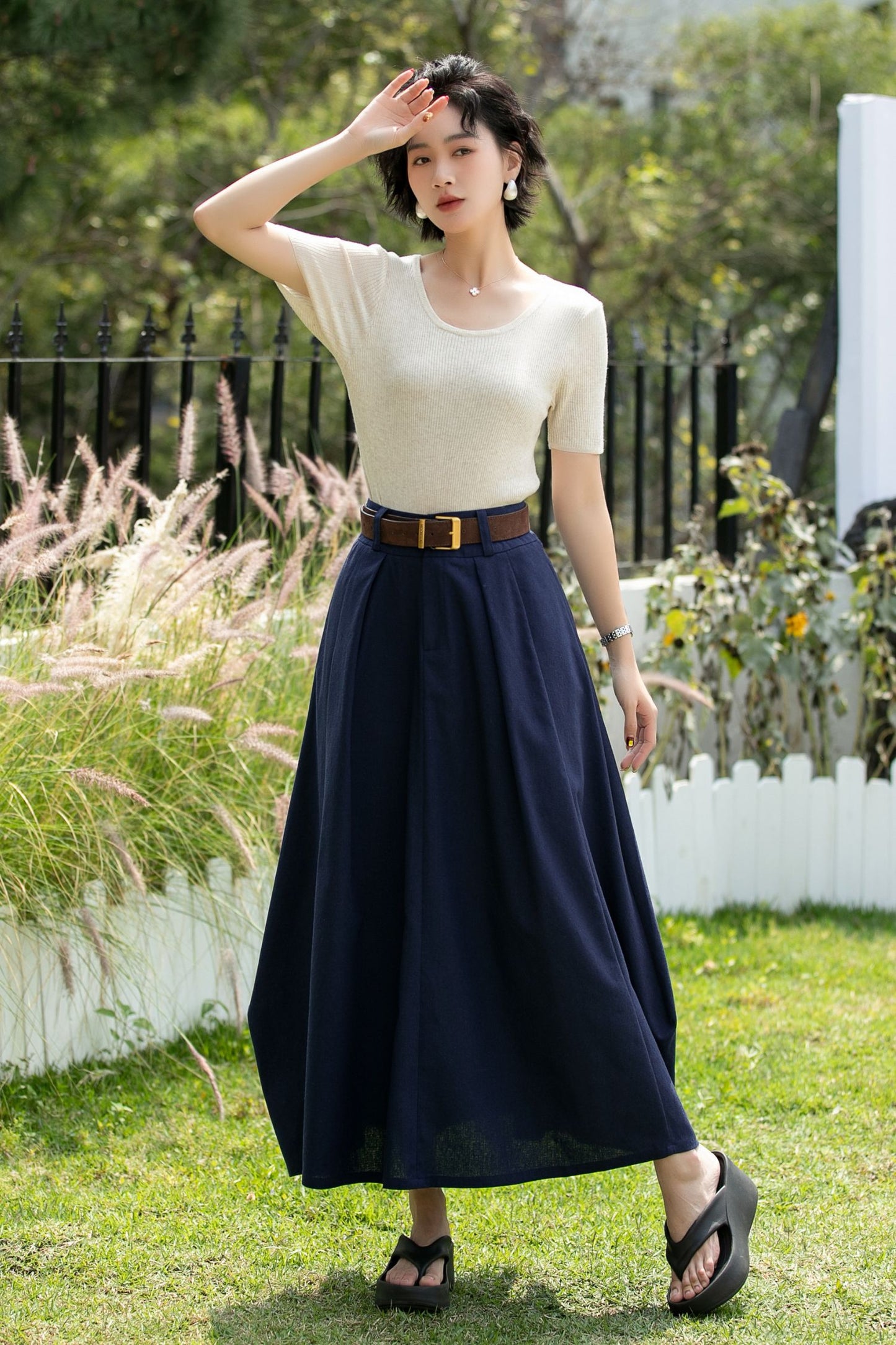 Handmade Navy Linen Cotton Asymmetrical Maxi Skirt | Xiaolizi 6740