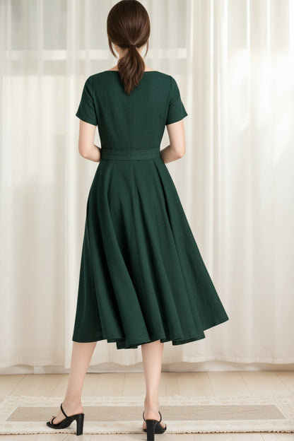 Dark Green Linen Fit and Flare Dress – Boat Neck Midi with Pockets 6626