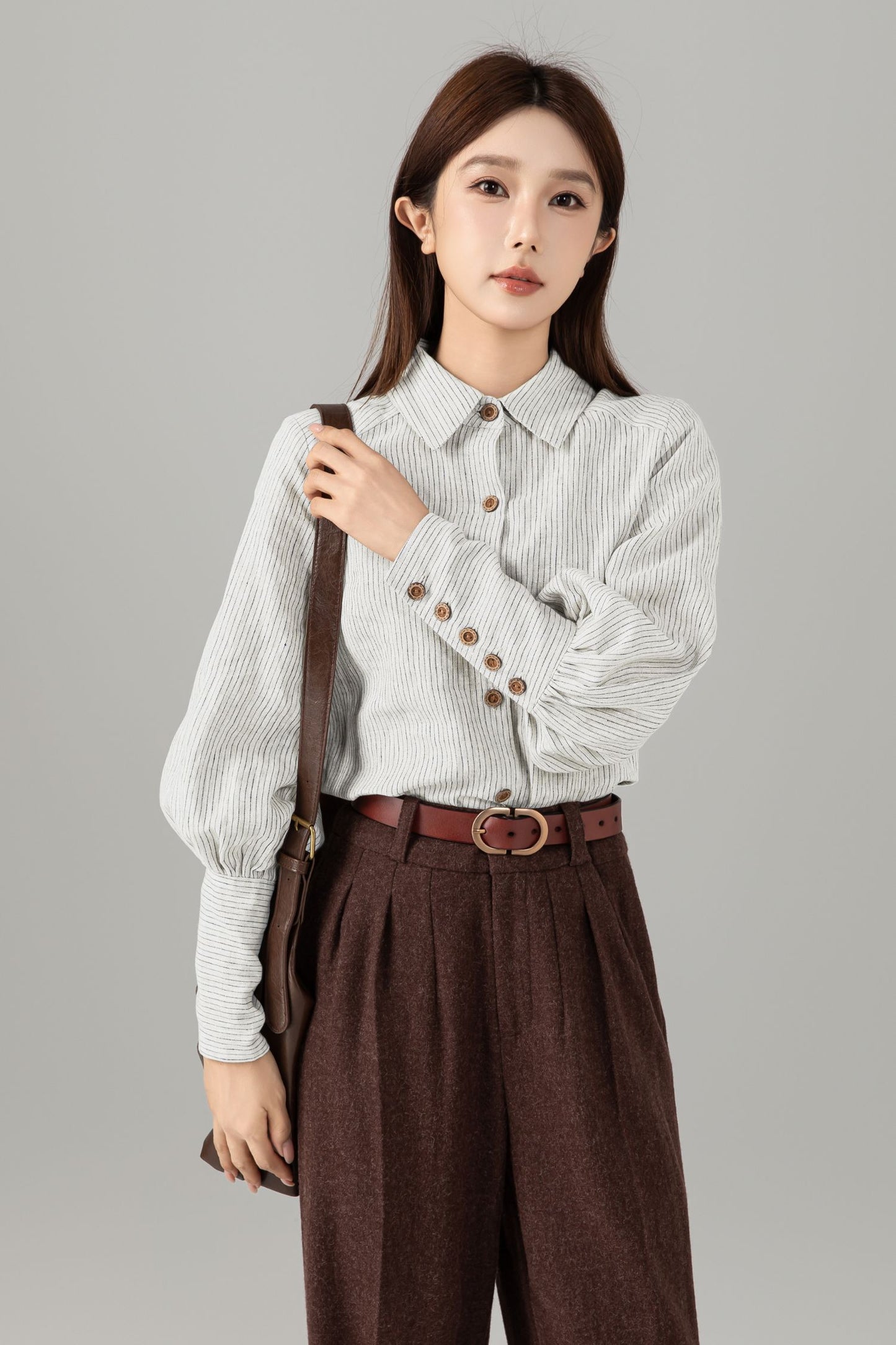 Striped Linen Blouse - Button Down Puff Sleeve | Xiaolizi 6755