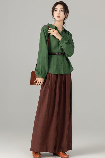 Green Linen Blouse - Loose Fit Vintage Collar Long Sleeve | Xiaolizi 5698