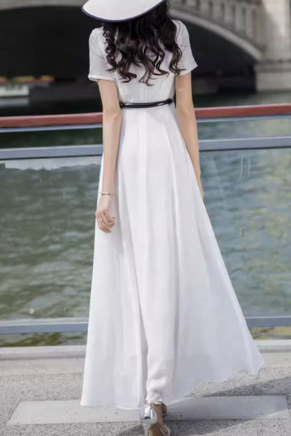 White Polyester Maxi Dress - Fitted Waist with Pockets 5034