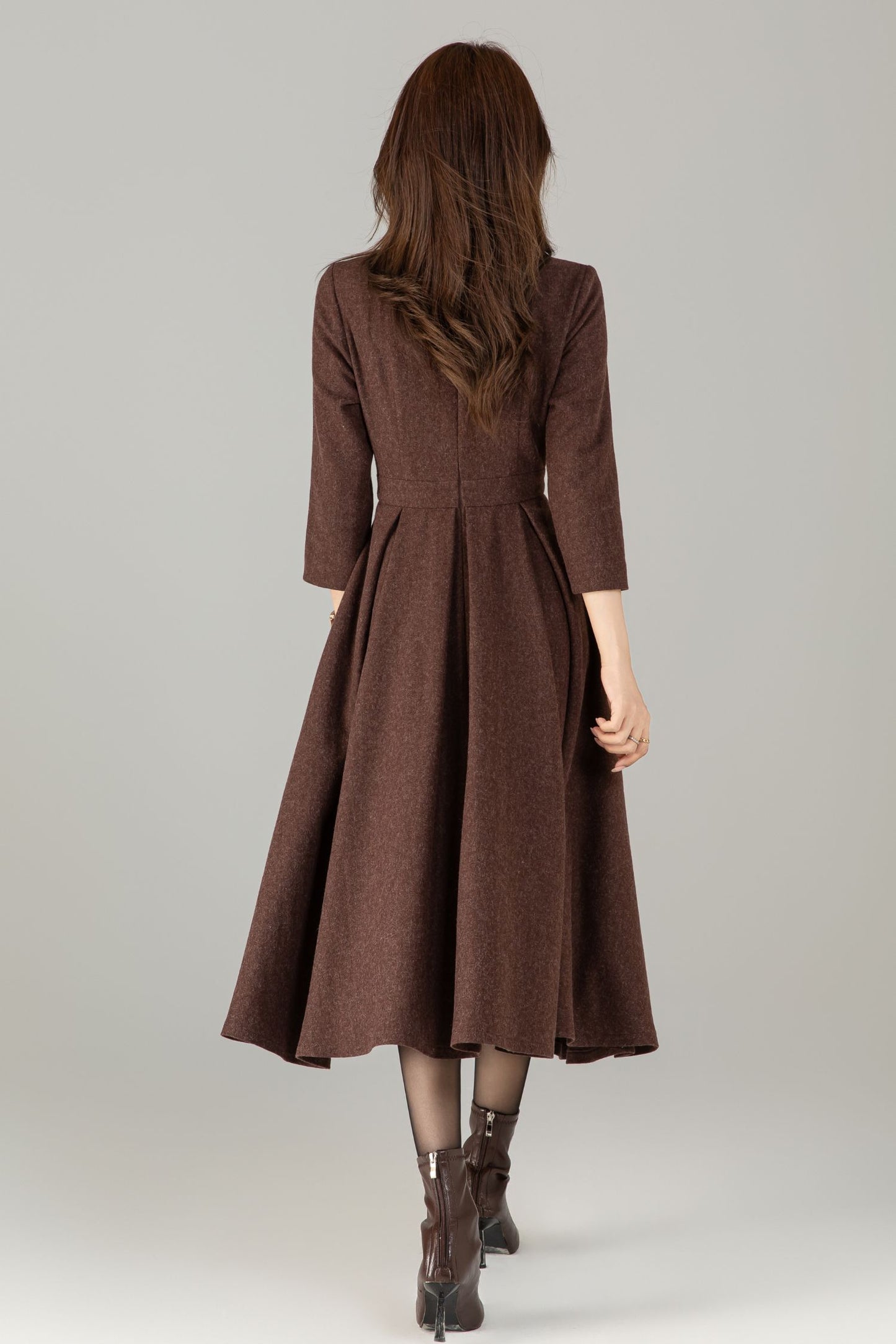 Vintage Wool Blend Midi Dress – Handmade Fit and Flare Winter Dress with Pockets | Xiaolizi 6495