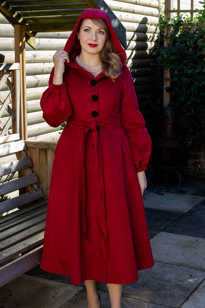 Red Wool Blend Hooded Coat - Lantern Sleeves & Tie Waist 3174