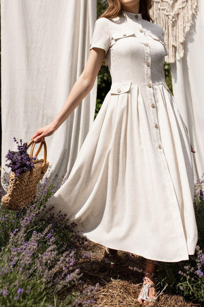 Button front white midi linen dress HY0018