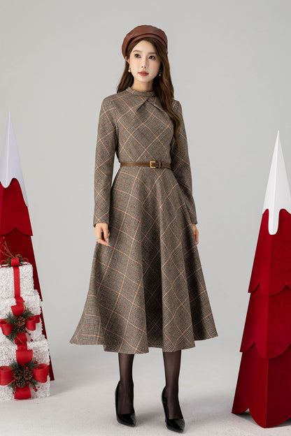 Handmade Wool Plaid Dress – Elegant Bow Tie Long Sleeve Midi | Xiaolizi 5265