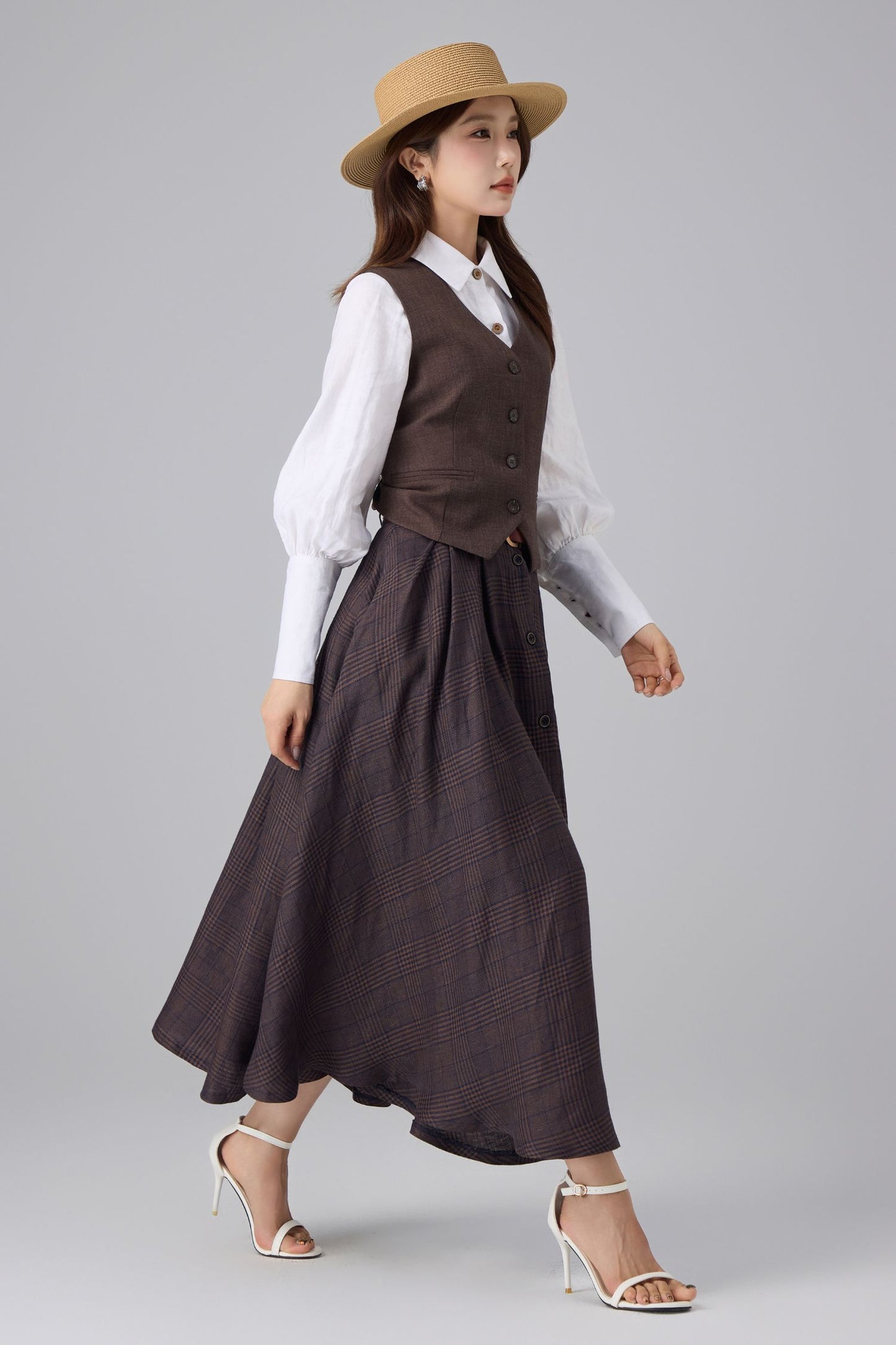 Brown Linen Cotton Skirt - Plaid High Waist | Xiaolizi 6756