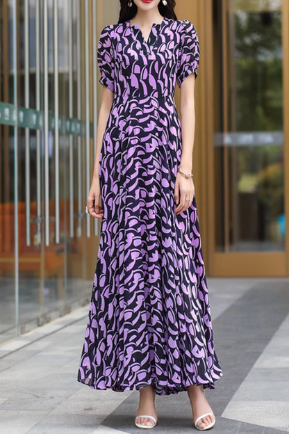 Black and Purple Floral Chiffon Maxi Dress - Flowy Fitted Waist 5002