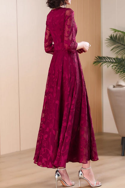 Burgundy maxi fit and flare long chiffon dress 5045