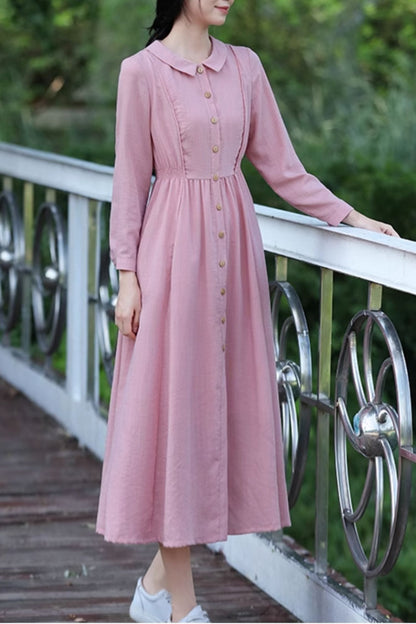 Pink Linen Midi Dress - Fit and Flare, Button-Front Detail 4821