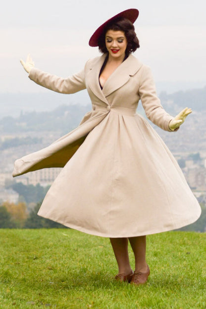Elegant Beige Wool Blend Coat – Handmade Fit & Flare Winter Overcoat | Xiaolizi 3254