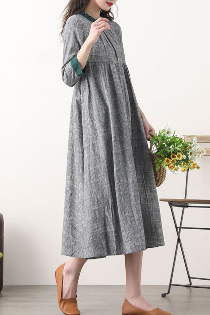 Loose fitting patchwork gray linen dress 2578