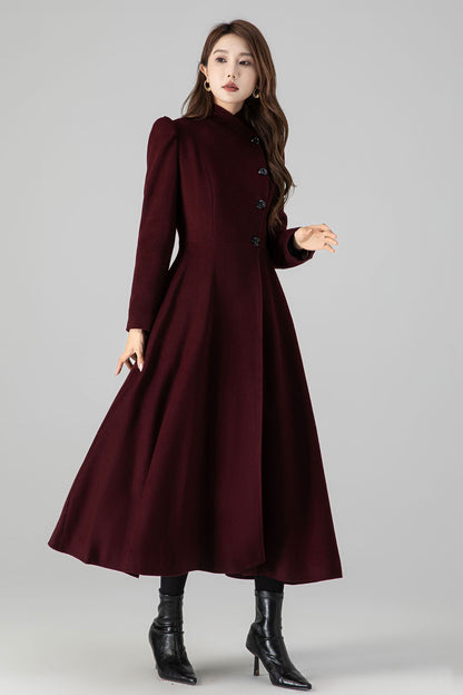 Handmade Burgundy Wool Long Coat – Elegant High Neck Fit & Flare Winter Overcoat 4511