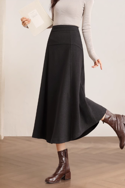 Black Wool A-Line Midi Skirt - Winter Warmth and Elegant Silhouette 5466