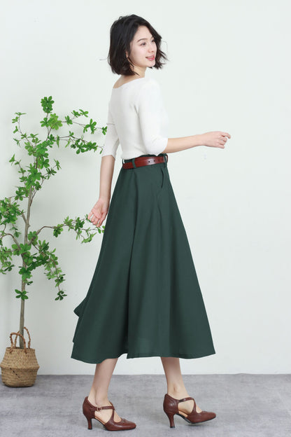 Green Linen Midi Skirt - High-Waisted A-Line with Pockets 5745