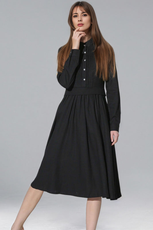 Xiaolizi Black Linen Midi Dress – Vintage Long Sleeve Pleated Dress 6349