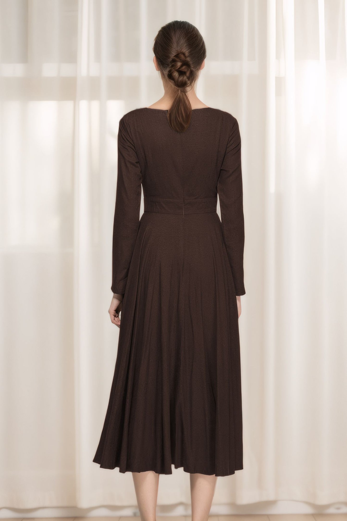 Elegant Brown Linen Cotton Dress – Boat Neck A-Line Midi | Xiaolizi 6314