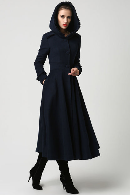 Navy Hooded Wool Maxi Coat – Ruffle Trim Fit & Flare Winter Coat | Xiaolizi 1102