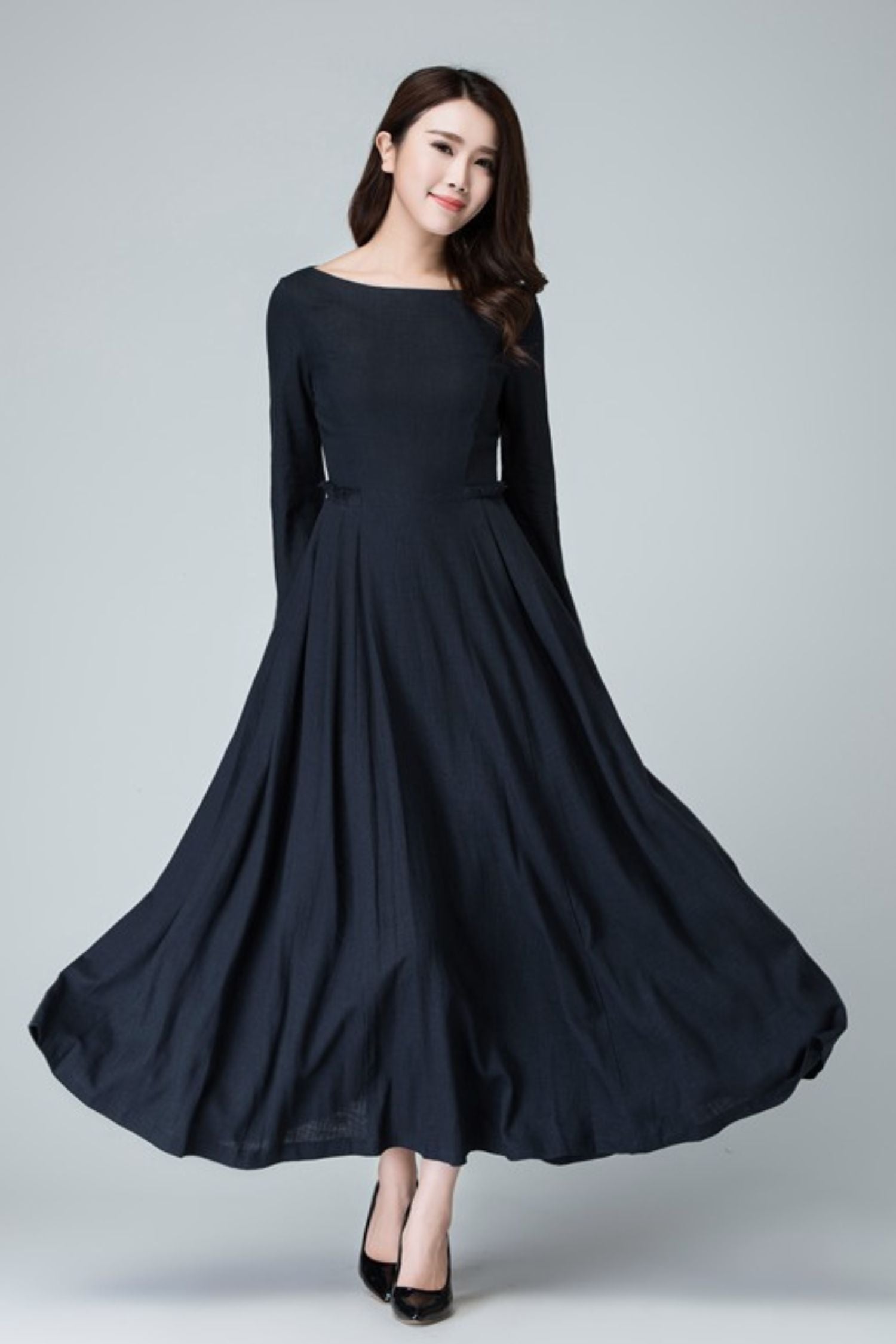 Timeless Blue MaxiLinen Dress – Flared Skirt & Boat Neckline – 1465