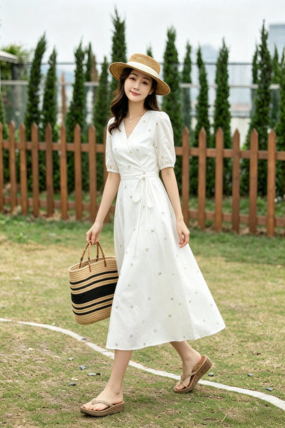 White Cotton Linen Wrap Midi Dress - Floral Embroidery V-Neck | Xiaolizi 6786