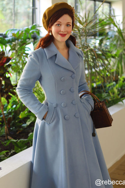 Light Blue Wool Maxi Coat – Vintage Double Breasted Long Overcoat for Weddings & Winter Elegance  2412
