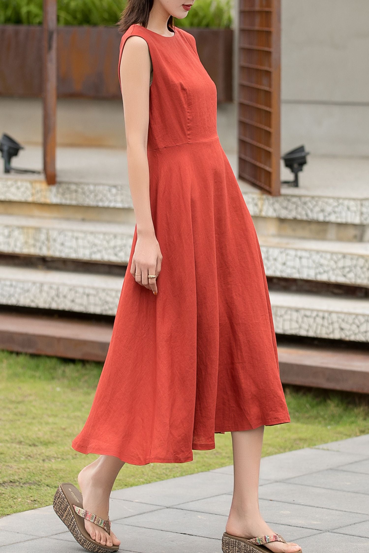 Orange sleeveless summer midi linen dress 2741 Xiaolizi Orange sleeveless summer midi linen dress 2741 Xiaolizi