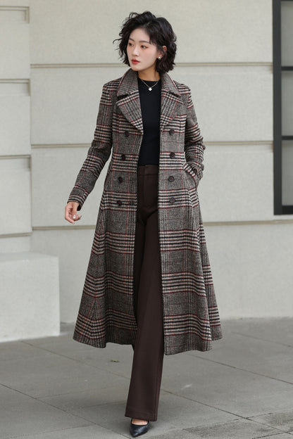 Plaid Wool Coat - Vintage Inspired Fit and Flare Long Double Breasted 6529