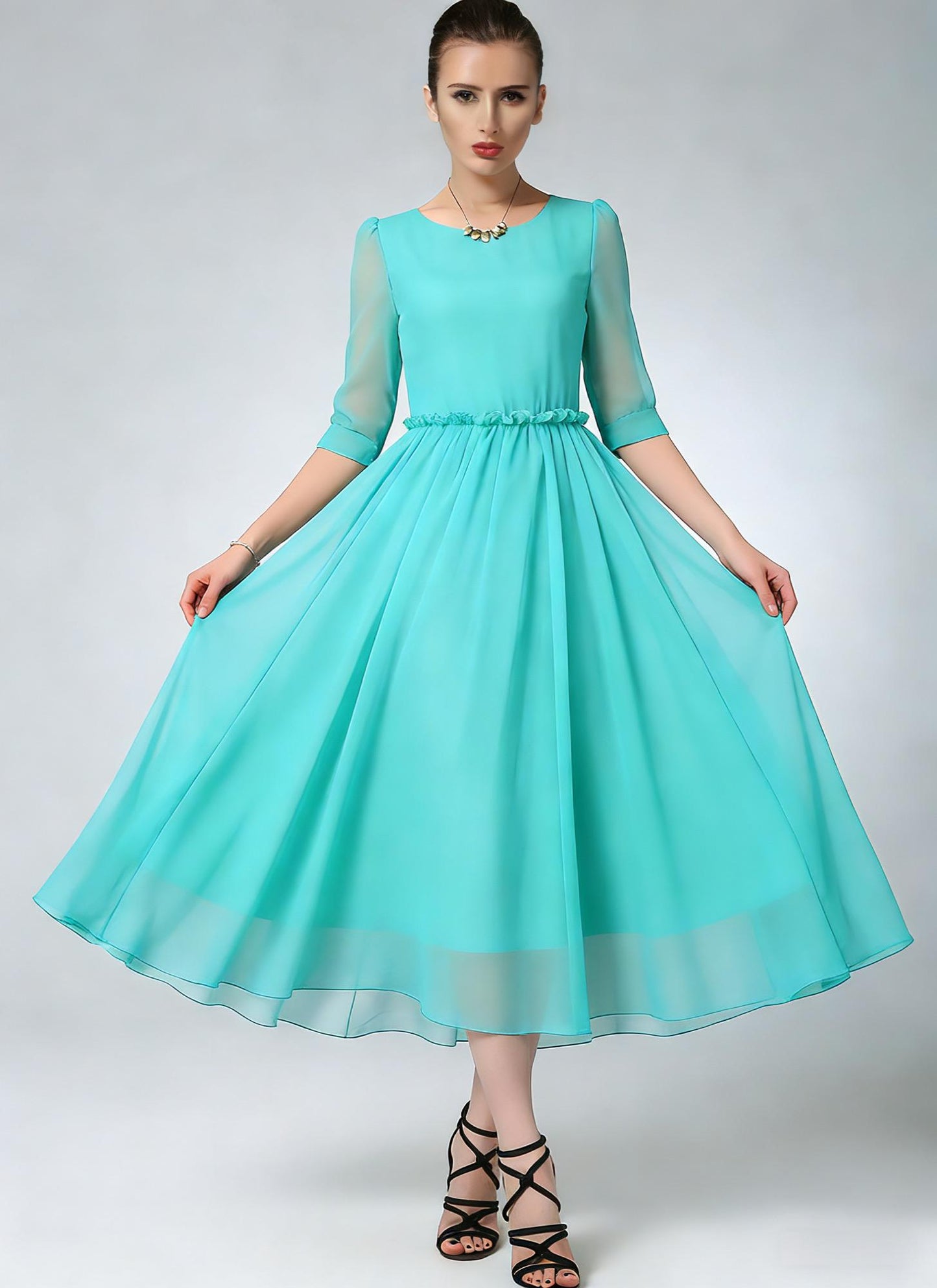 Blue Chiffon Midi Dress – Ruffle Waist Elegance | Xiaolizi 6783