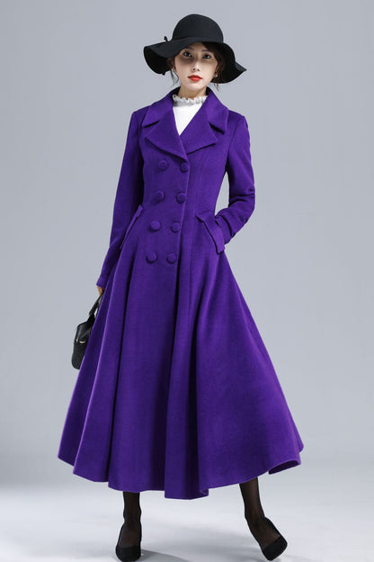 Purple Wool Coat - Vintage Double-Breasted Fit-and-Flare Overcoat 3237