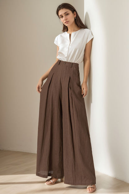 Brown Linen Wide-Leg Pants - High Waist Pleated Pockets | Xiaolizi 5125