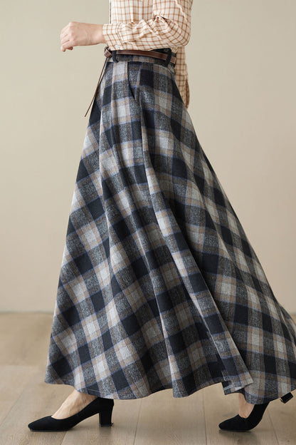 Blue Gray Plaid Wool Maxi Skirt – High Waist A-Line Winter Skirt for Women 5262