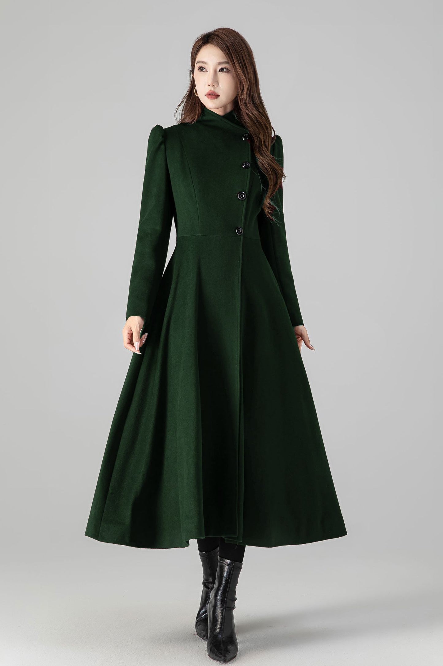 Green A-Line Long Wool Coat 5488