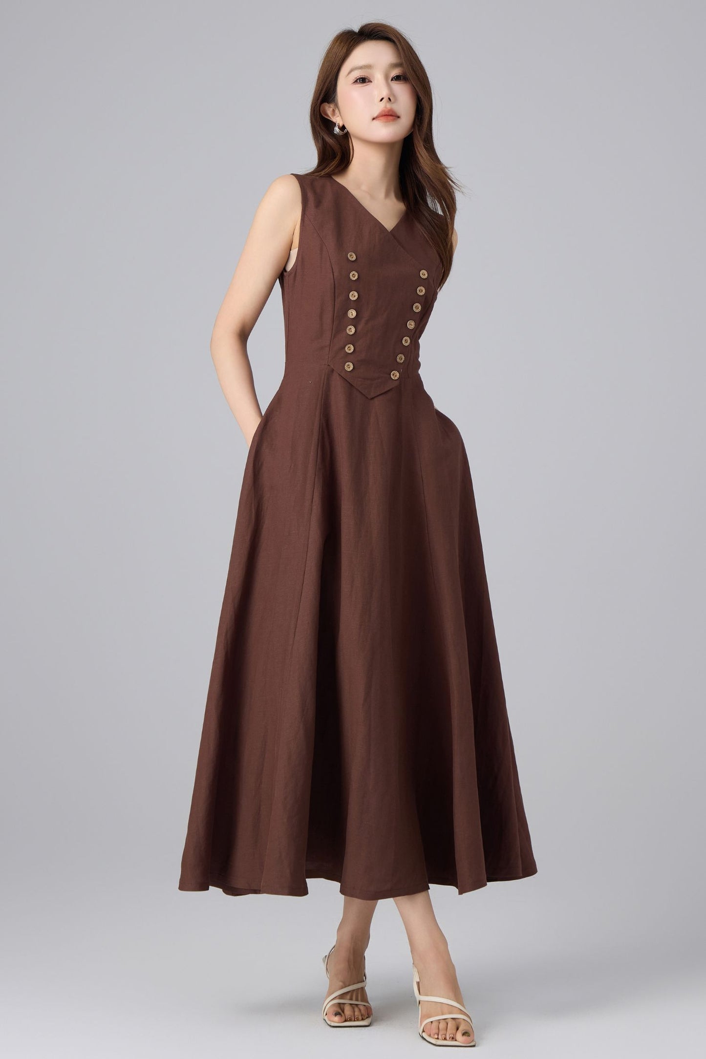 Brown Linen Pinafore Dress - V Neck A-Line Midi | Xiaolizi 6757