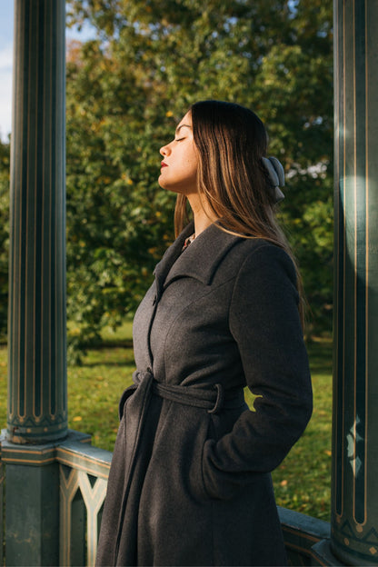 Gray Wool Fit & Flare Long Coat - Elegant Lapel Collar 4811
