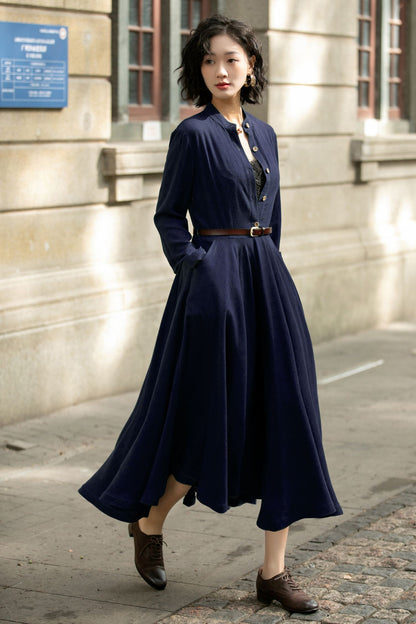 Navy Linen Midi Dress – Handmade Vintage A-Line Long Sleeve Button Dress 6671