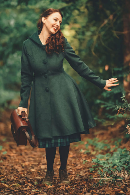 Vintage Green Wool Coat – Handmade Hooded Winter Overcoat for Women 2493