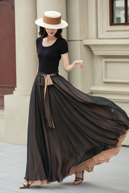 Black Chiffon Maxi Boho Skirt Women 5107