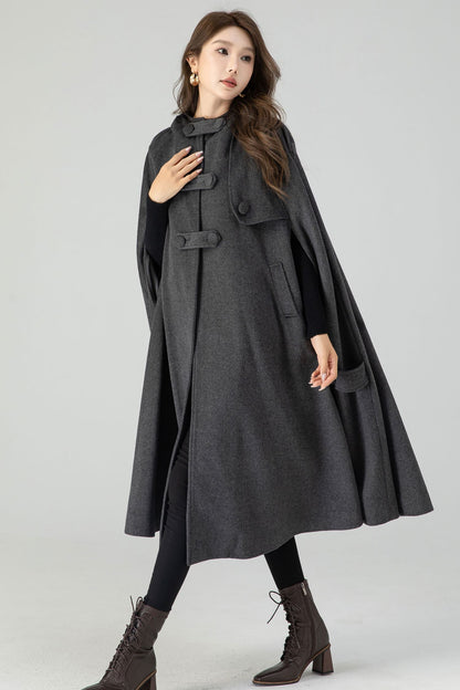 Handmade Dark Gray Wool Hooded Cape – Vintage Winter Cloak Coat with Pockets 4558