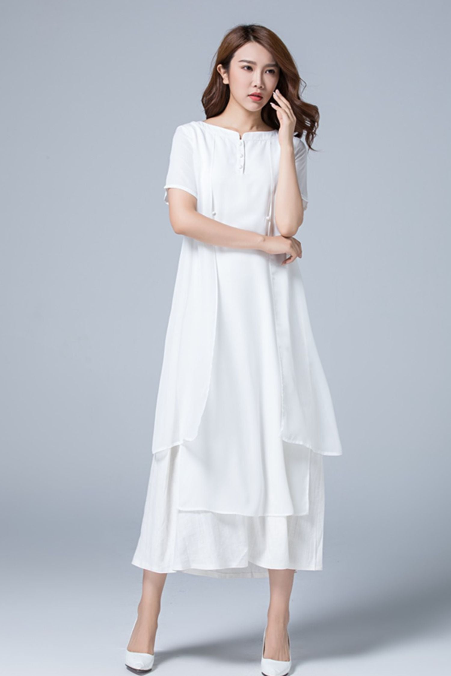 White Linen Dress with Chiffon Overlay
