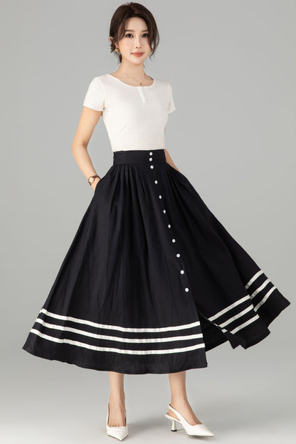 Stylish Button-Up Linen Skirt with Striped Hem 5712 -XS #CK2500362