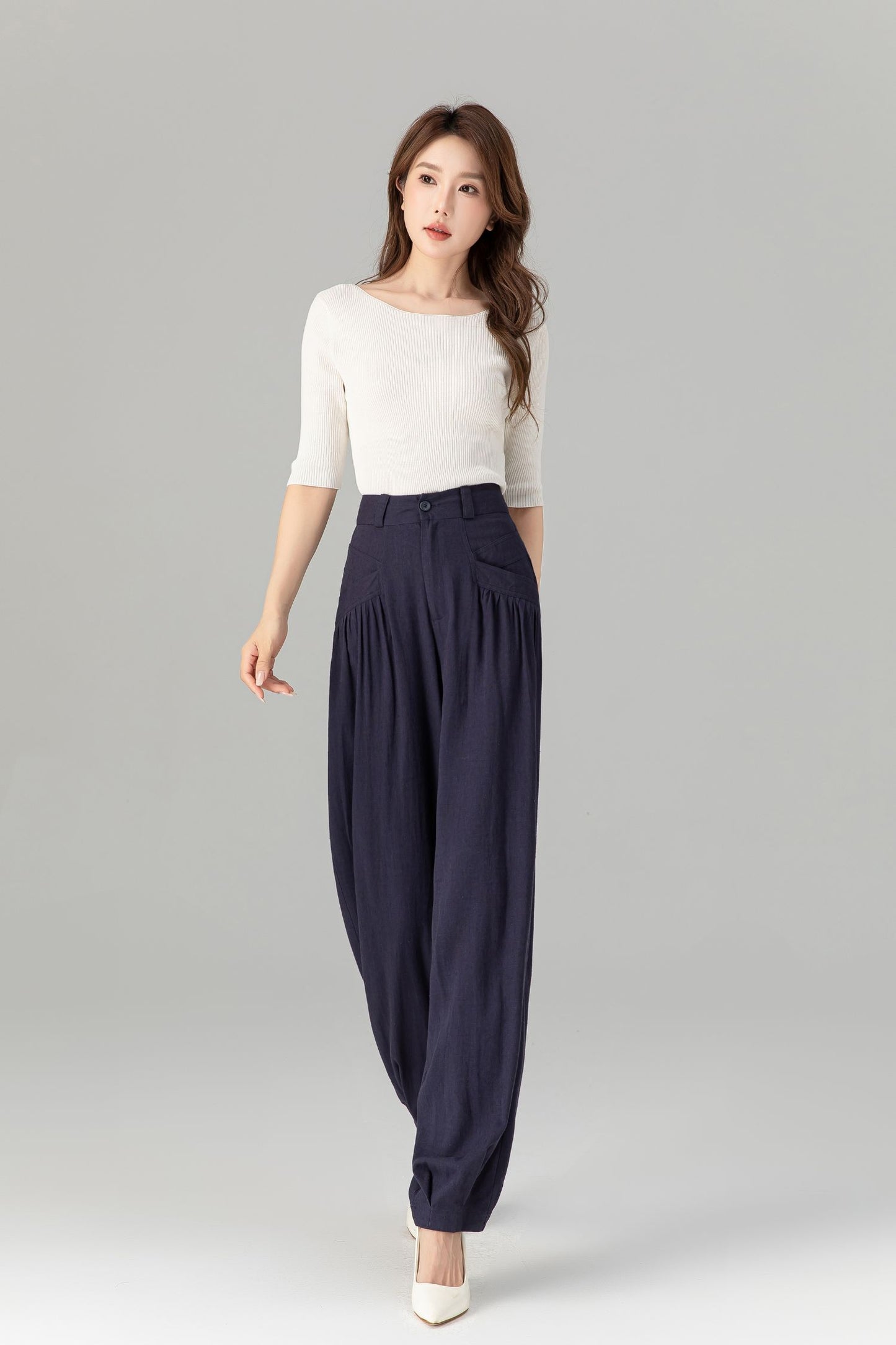 Navy loose fitting wide leg linen pants 4937