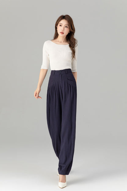 Navy loose fitting wide leg linen pants Handmade by Xiaolizi 5914