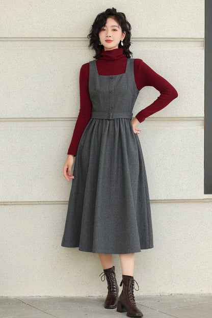 Gray Wool Midi Dress - Sleeveless Swing Silhouette with Belt 6427