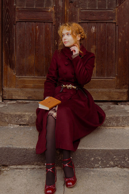 Handmade Burgundy Wool Coat – Vintage Winter Princess Dress Coat 4743