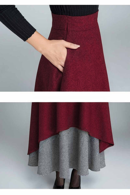 Handmade Layered Wool Maxi Skirt – Burgundy Swing with Houndstooth | Xiaolizi 5328
