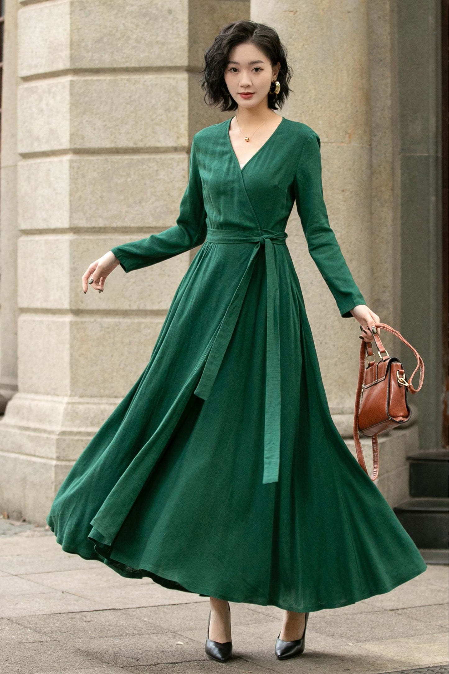 Green Wrap Linen Dress for Women 5673