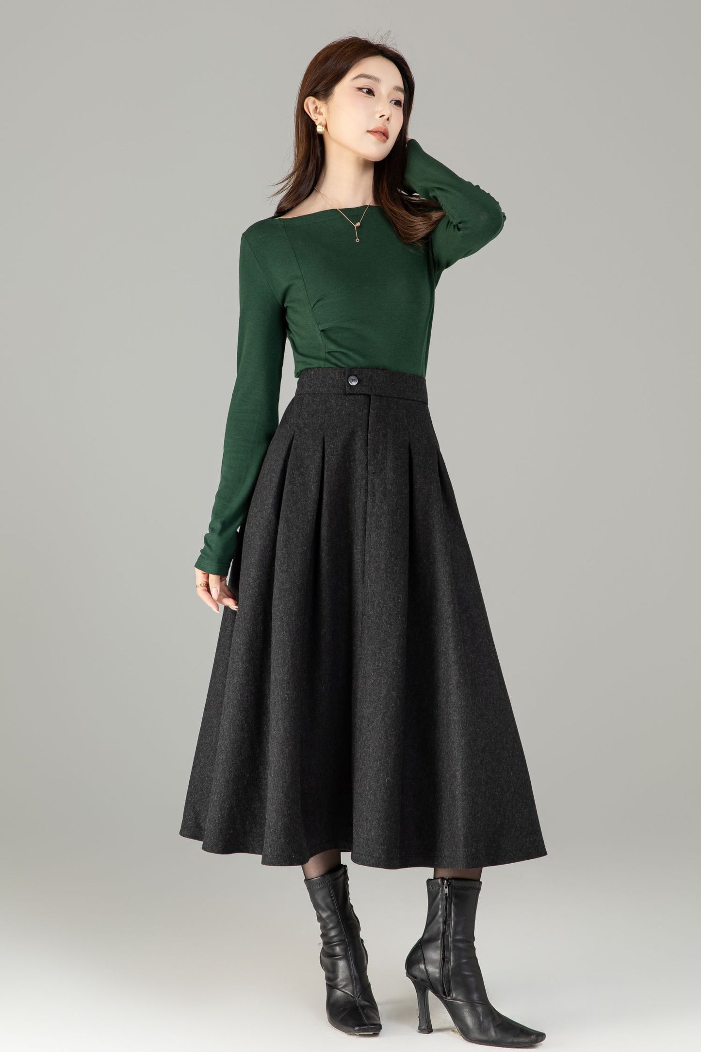 Xiaolizi Classic Pleated Wool-Blend A-Line Midi Skirt – Plus-Size Winter Black 6503