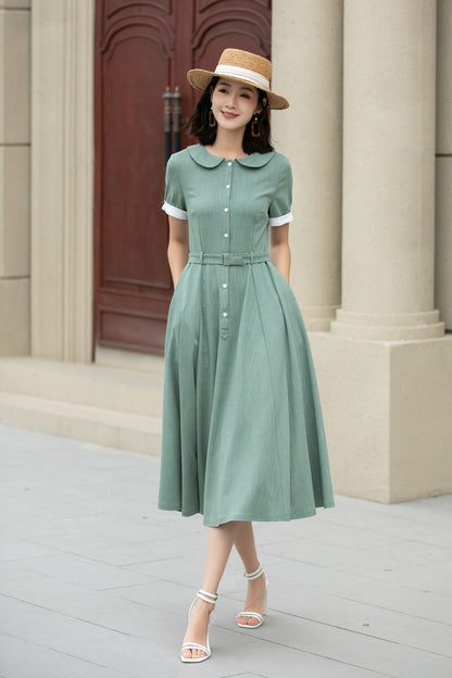 Green Linen Cotton Midi Dress – Vintage Belted Summer Shirt Dress 5148