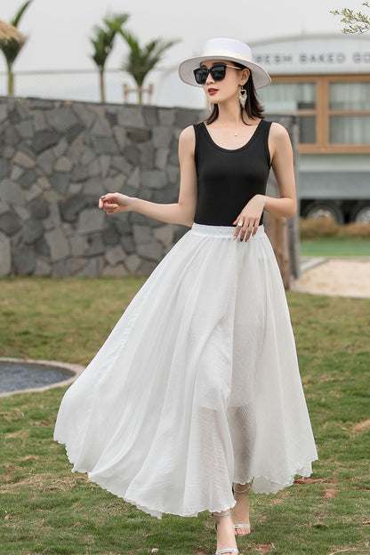 Boho Elastic Waist Pleated Maxi White Skirts 2718