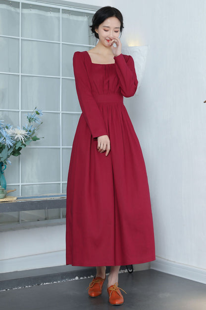Wine Red Linen Dress - Vintage Fit & Flare with Square Neckline 3370